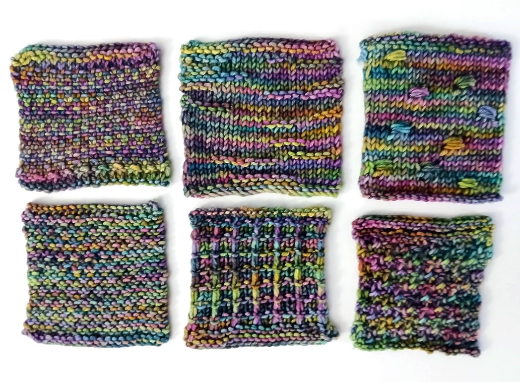 Six knitted swatches made with multicolored variegated yarns display unique stitch techniques from the Maine Maritime Museum’s "Cast Off & Cast On: 2-Hour Kennebec Lighthouse & Nature Cruise (July 22)" workshop by Halcyon Yarn.