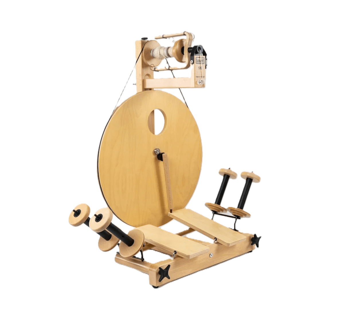 The Louët S10 Irish Tension Spinning Wheel by Louet Inc. features pedals, two bobbins, a large wheel, and gears for spinning fiber into yarn, shown on a white background.