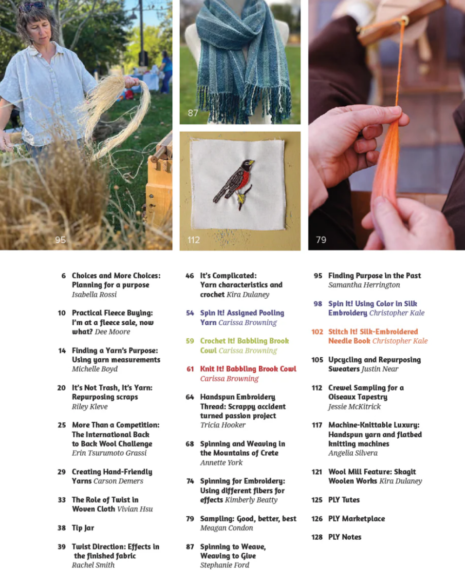 The contents page of PLY Magazine Issue 53, Summer 2026: Purpose, features colorful article listings for handspinners and three photos—a woman spinning outdoors, a blue scarf, and hands with orange fiber beside a bird ornament.