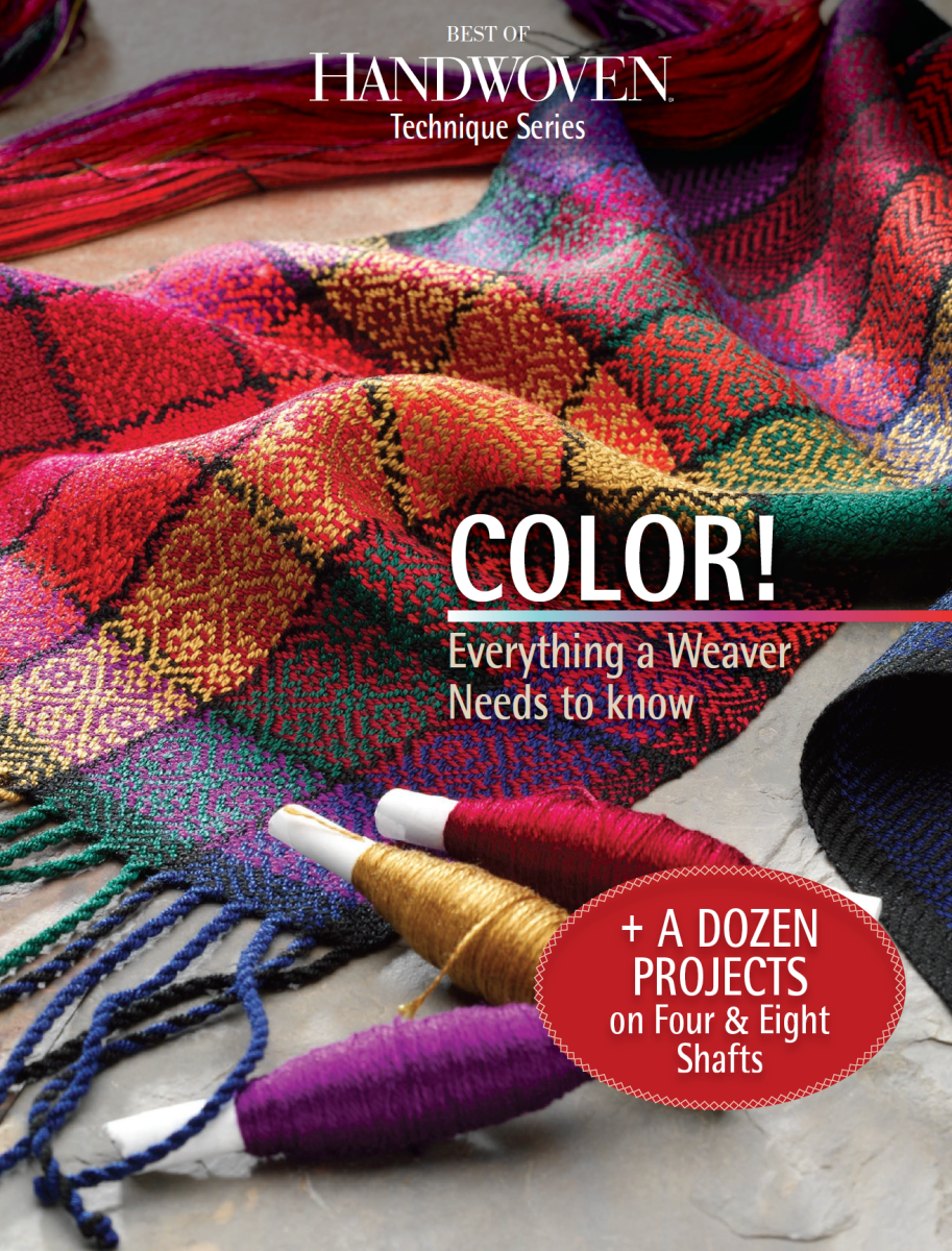 Vivid handwoven textiles and spools of red, gold, and purple thread accompany the printed Best of Handwoven Technique Series: Color! Everything a Weaver Needs to Know eBook by Long Thread Media, featuring a dozen inspiring weaving projects.