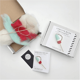 The Thirdlee Maine Needle Felting Kits Lobster Buoy by Thirdlee Co includes colored wool, twine, a felting needle, and instructions to make a buoy ornament. Items are displayed beside an open and closed kit box on a white surface.