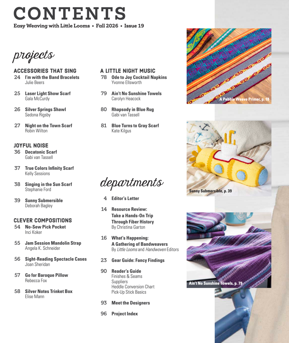 The contents page of *Easy Weaving with Little Looms, Fall 2026* (Long Thread Media) lists vibrant rigid-heddle textiles, napkins with blue and yellow tassels, and bright Summer weaving designs paired with cutlery.