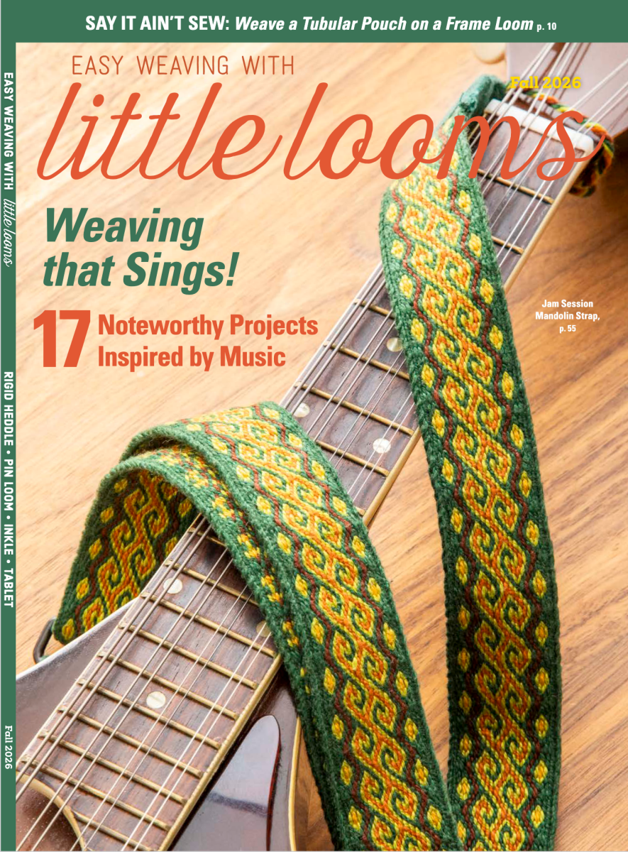 Magazine cover of 'Easy Weaving with Little Looms' featuring a guitar strap on a wooden surface.