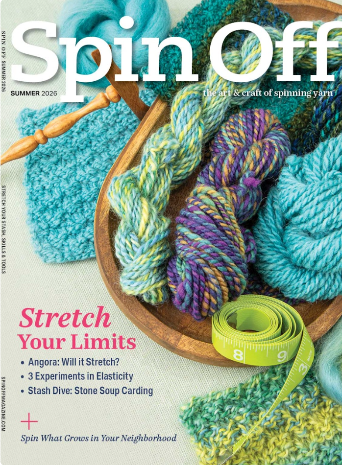 The Spin Off Summer 2026 Magazine by Long Thread Media showcases vibrant handspun yarn, knitted swatches, a crochet hook, and a measuring tape. Cover highlights include carding tips, elasticity experiments, and summer project ideas.