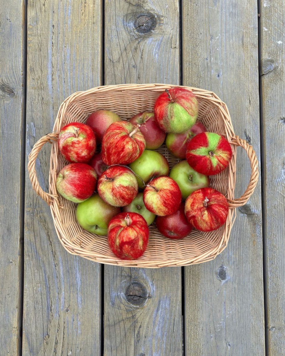A rustic wooden surface holds a charming arrangement of red and green wool apples—created in Halcyon Yarn’s “Needle Felting Class: Apples with Michelle Provençal” (September 12th)—beautifully displayed from an overhead perspective.