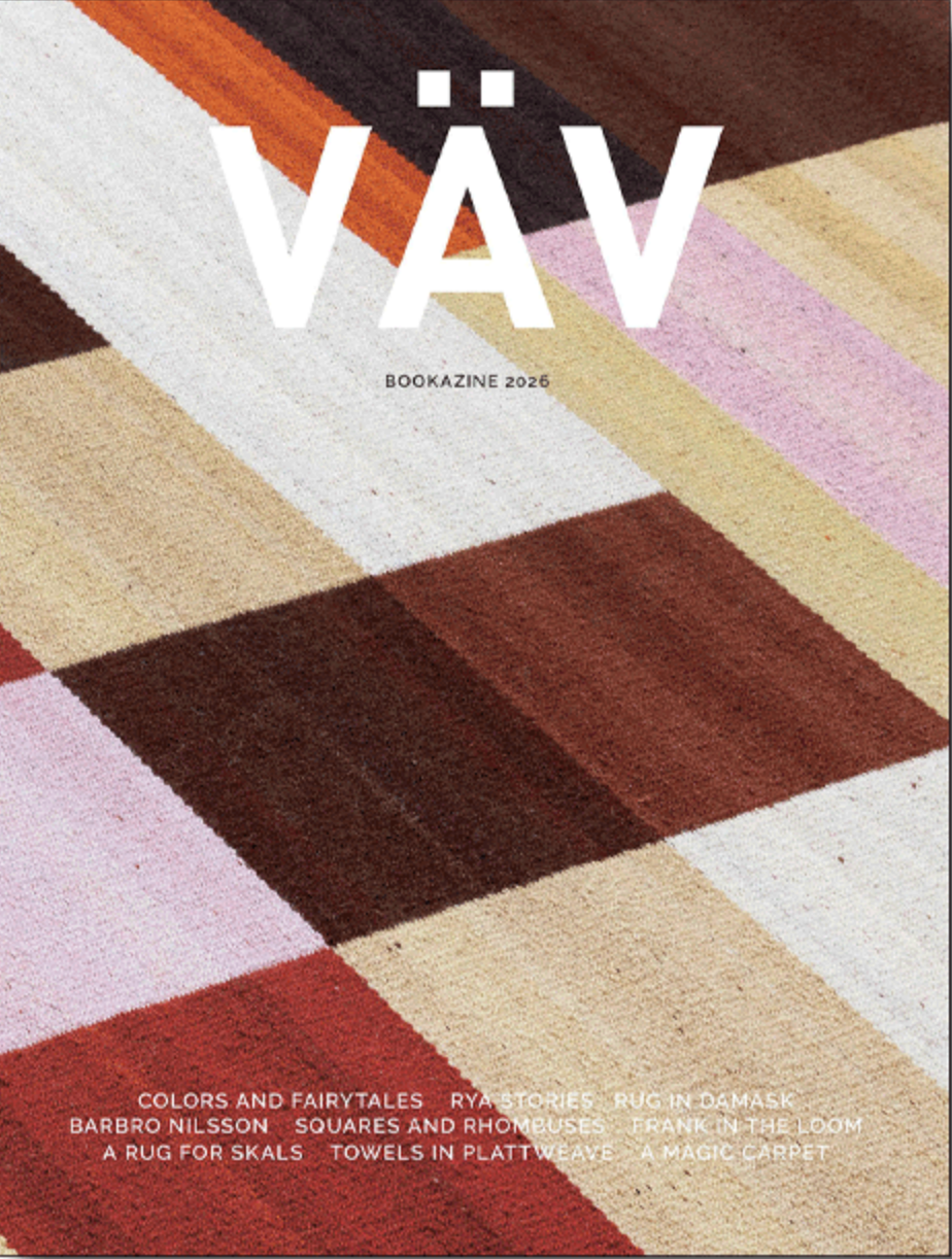 Cover of VÄV Bookazine 2026 featuring a geometric pattern of overlapping squares in brown, beige, pink, and orange, with article titles focused on weaving projects and Scandinavian textile traditions at the bottom.