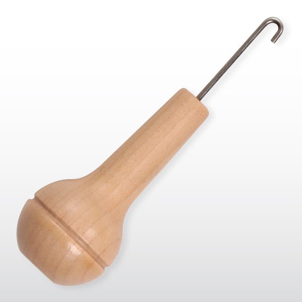 The Ashford Handicrafts Limited Wooden Threading Hooks are spinning wheel accessories featuring a wooden handle with an unfinished bulb grip and a short hooked metal shaft, ideal for threading tasks on Ashford Spinning Wheels.