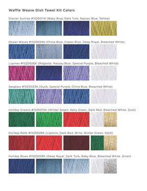A color chart for Halcyon Yarn’s Waffle Weave Dish Towel Kit shows sixteen labeled Homestead 8/2 Cotton samples by code and name, including blue, green, red, gold, silver, yellow, magenta, and white.