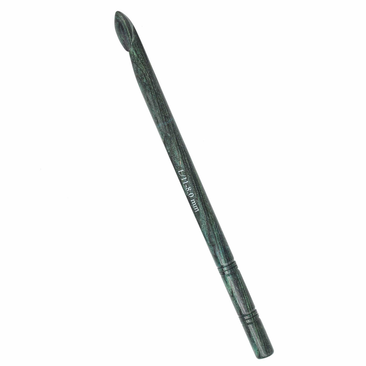 The Accessories Unlimited Knit Pro (Knitters Pride) Dreamz Wooden Crochet Hook, size L/11 8.0 mm, features a dark green marbled finish and is shown diagonally on a white background with size marking printed in white on the shaft.