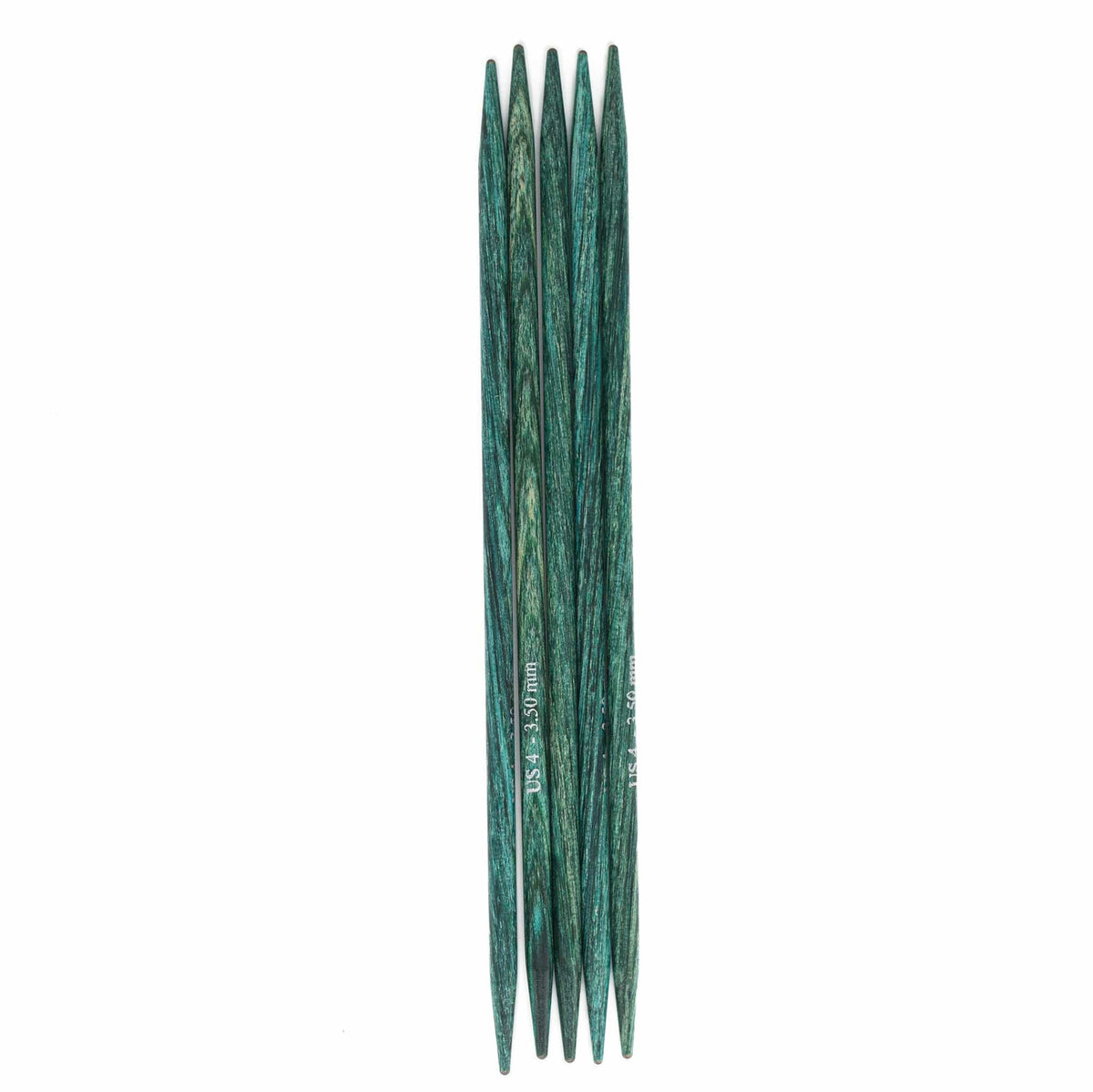 Five green 5" Knit Pro Dreamz double point birch knitting needles by Accessories Unlimited are arranged parallel on a white background, each tapered at both ends with visible size markings.