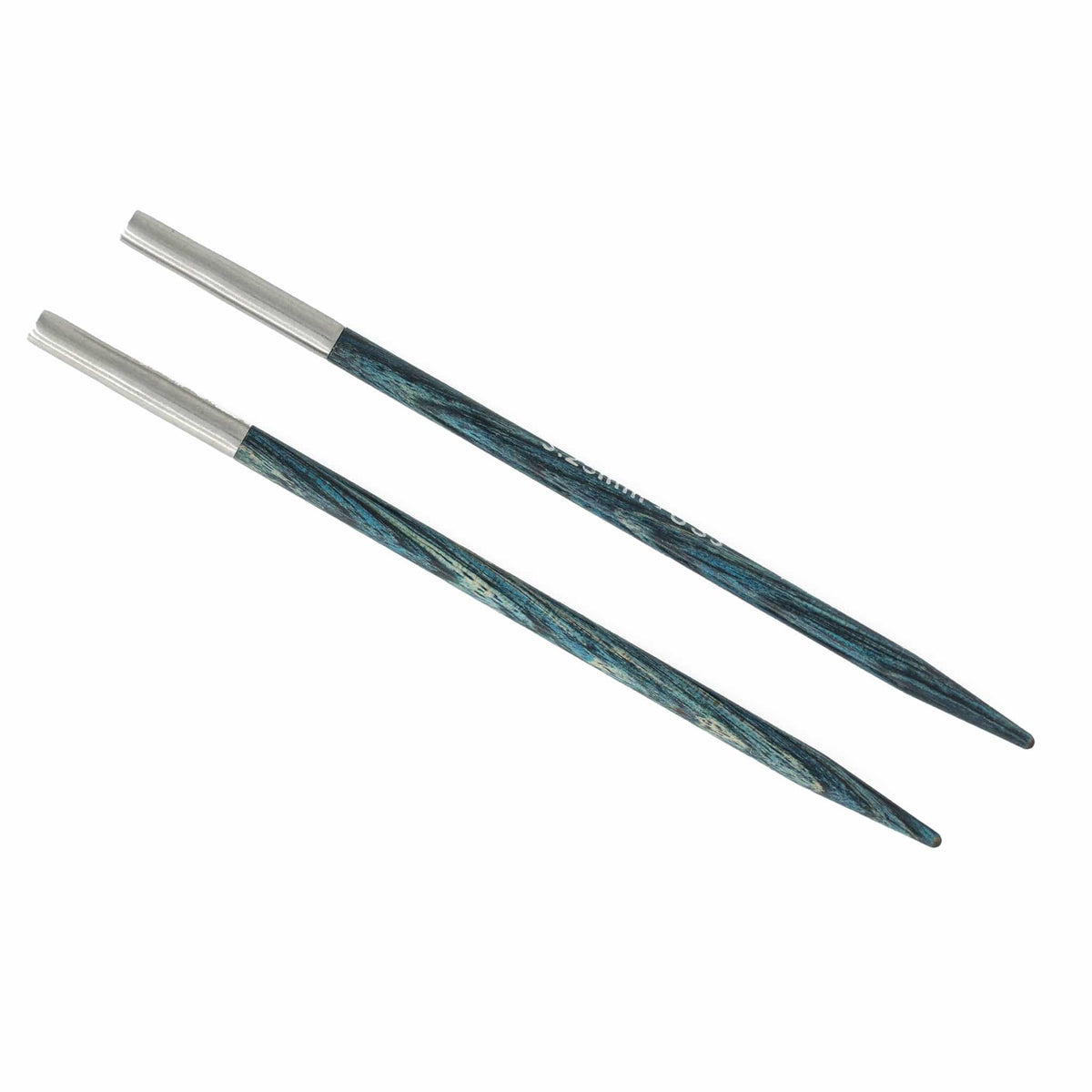 Two blue and green marbled Knit Pro (Knitters Pride) Dreamz Interchangeable Knitting Needle Tips by Accessories Unlimited, crafted from laminated birch with silver connectors, are shown on a white background for smooth, comfortable knitting.