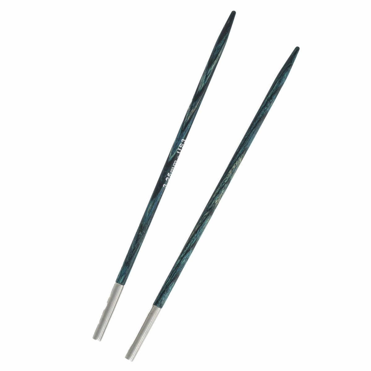 Two Accessories Unlimited Knit Pro (Knitters Pride) Dreamz Interchangeable Knitting Needle Tips with metal connectors are displayed on a white background. Made from dark laminated birch, they feature a blue-green marbled pattern.