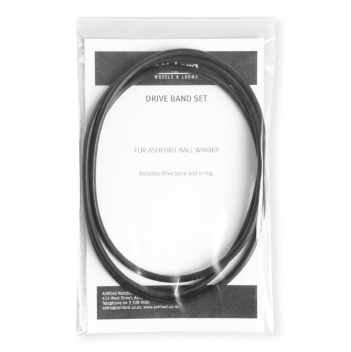 A clear bag contains a coiled black drive band and replacement o-ring, labeled "Ashford Drive Band and O-Ring Set for Ball Winder" from Ashford Handicrafts Limited, with contact details included.