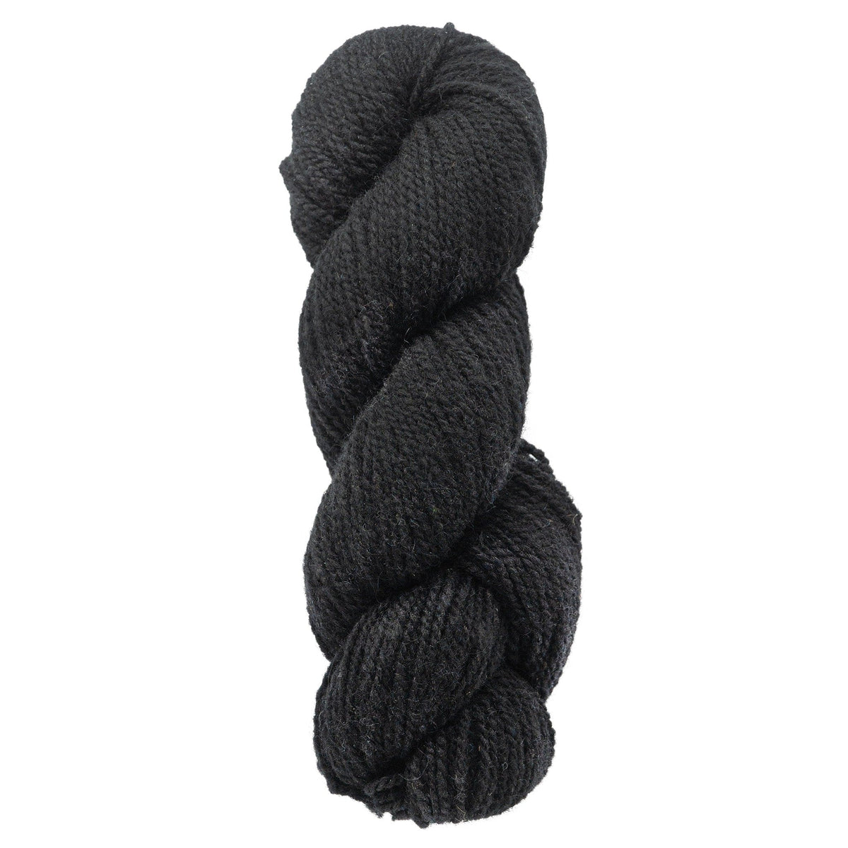 A skein of Bartlettyarns Maine Wool Yarn (Fisherman 2-Ply) by Bartlettyarns in black, worsted weight, is tightly twisted into a thick coil and displayed against a white background.