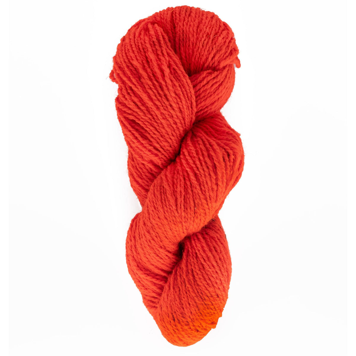 A skein of Bartlettyarns Maine Wool Yarn (Fisherman 2-Ply) in thick, vibrant red-orange, loosely coiled and shown against a plain white background.
