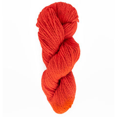 A skein of Bartlettyarns Maine Wool Yarn (Fisherman 2-Ply) in thick, vibrant red-orange, loosely coiled and shown against a plain white background.