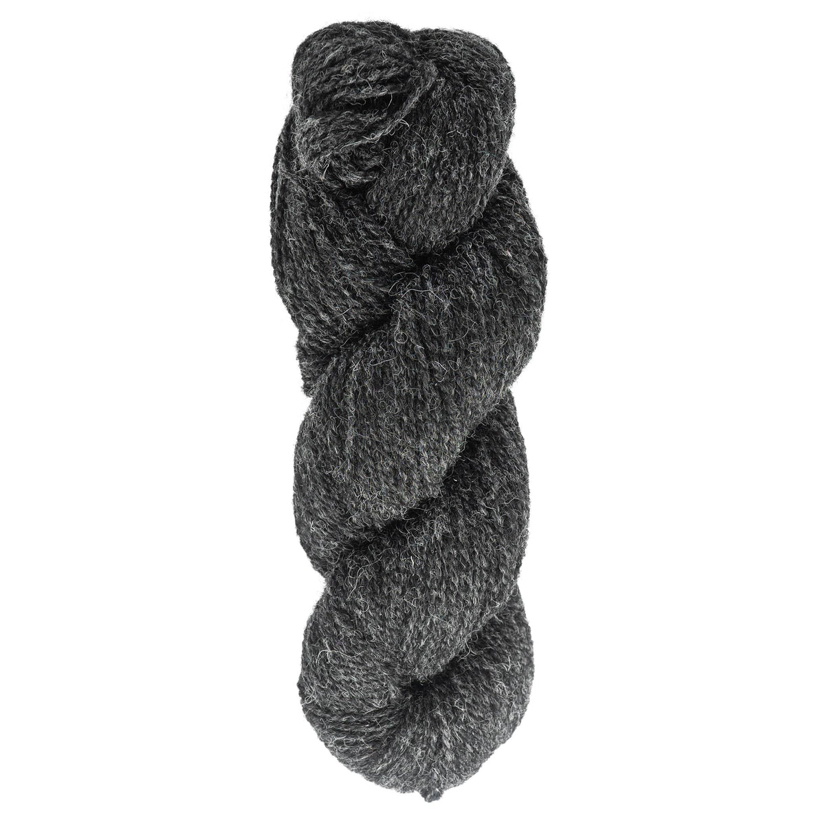 A skein of Bartlettyarns Maine Wool Yarn (Fisherman 2-Ply), dark gray and thickly twisted, is displayed against a white background.