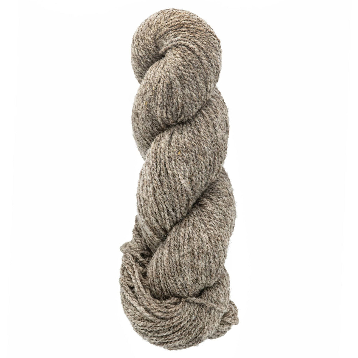 A skein of Bartlettyarns Maine Wool Yarn (Fisherman 2-Ply) by Bartlettyarns, a thick heathered light brown worsted weight yarn, is neatly twisted against a white background.
