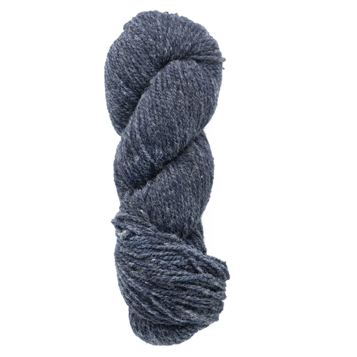 A skein of Bartlettyarns Maine Wool Yarn (Fisherman 2-Ply) in dark blue, heathered and worsted weight, is twisted into a hank and shown on a white background—thick, textured yarn ideal for knitting or crocheting.