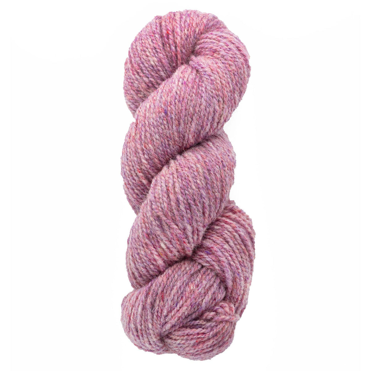 A skein of Bartlettyarns Maine Wool Yarn (Fisherman 2-Ply), in pink and lavender variegated colors, twisted into a coil and set against a plain white background.