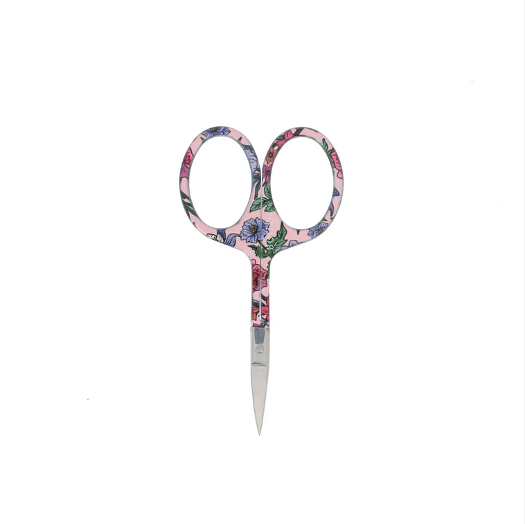 A pair of Bryson Distributing, Inc. Small Floral Scissors, 4" (flat tip), featuring a floral-patterned handle in pink, purple, and green hues; photographed on a plain white background.
