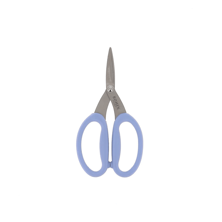 A pair of Bryson Distributing, Inc. 6.75" Micro-Serated High-Precision Scissors with light blue plastic handles, shown closed and facing upward on a plain white background.