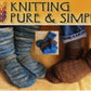 The image shows two pairs of knitted socks on feet; one blue and grey, the other in warm brown tones. An inset reveals three more slip-resistant socks in different colors. Text above reads "Knitting Pure & Simple," showcasing their Adult Mukluk Slippers.