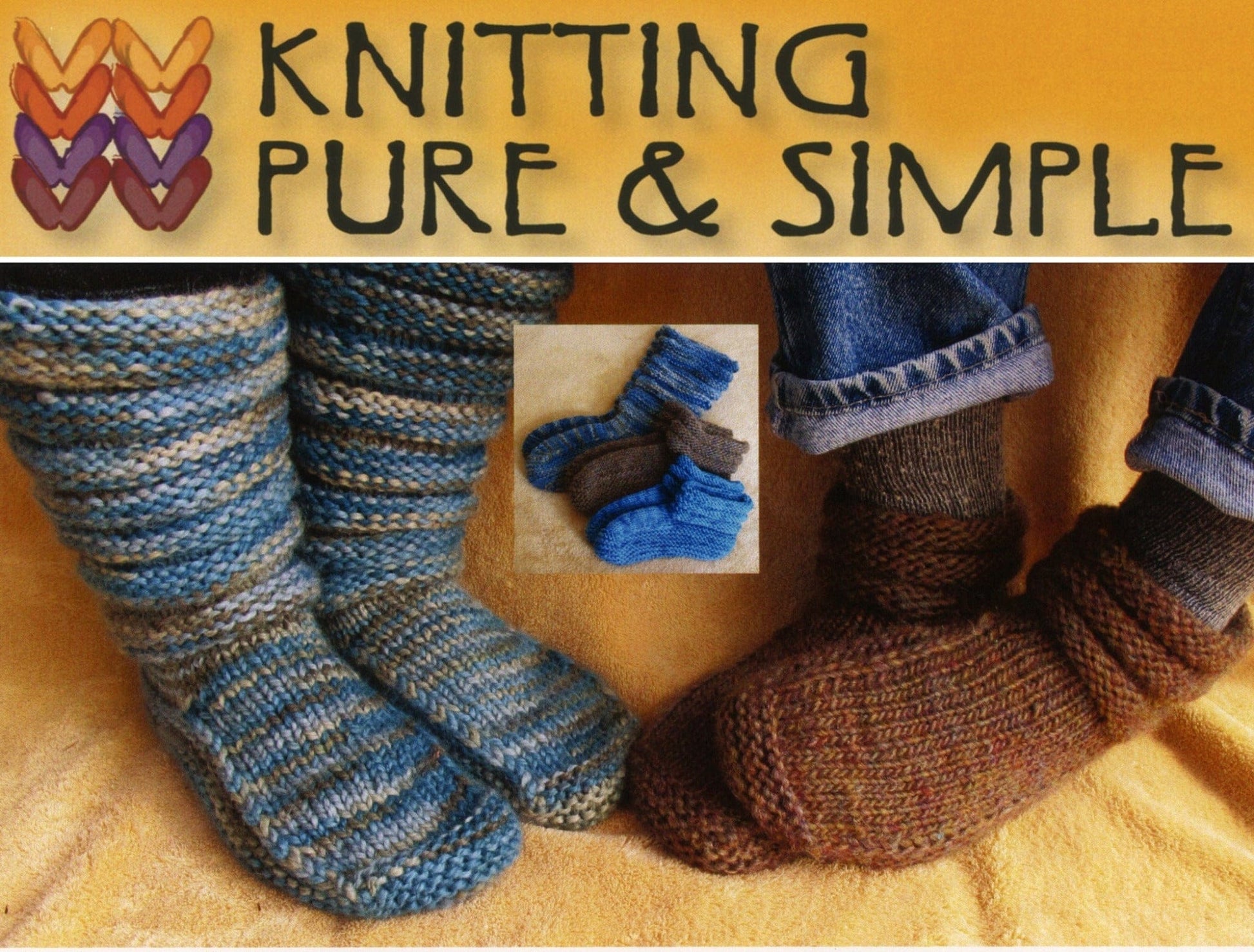 The image shows two pairs of knitted socks on feet; one blue and grey, the other in warm brown tones. An inset reveals three more slip-resistant socks in different colors. Text above reads "Knitting Pure & Simple," showcasing their Adult Mukluk Slippers.