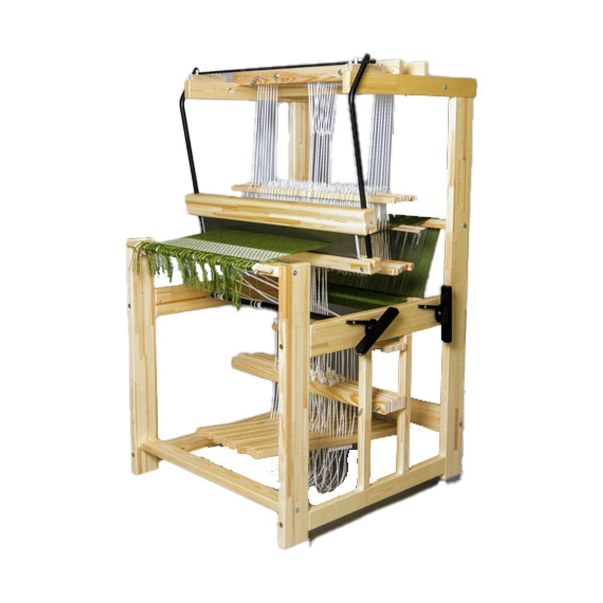 The Glimakra Julia, a 4-shaft loom by Glimakra, is shown weaving green fabric with white threads for rug making, set against a plain white background.