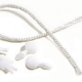 Displayed on a white surface are components from the Glimakra Texsolv Tie-Up Kits: a white polyester loop cord and four small white plastic cord locks, designed for efficient loom tie-up.