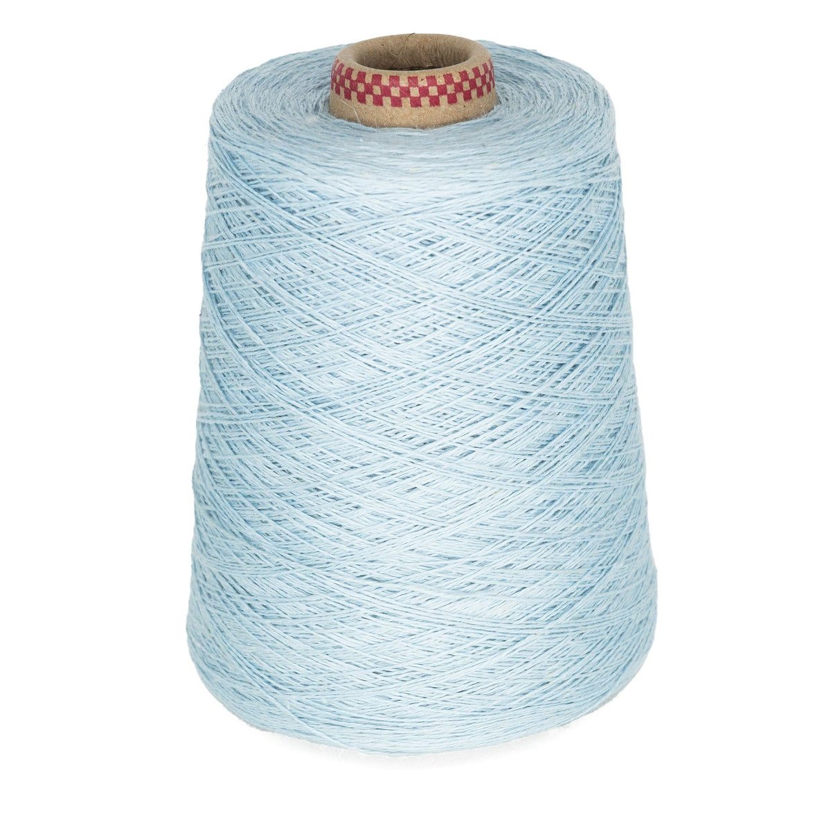 The Halcyon Yarn Newport 16/2 Linen Yarn Mini-cone in light blue is wound around a cardboard core with a red and white checkered top, displayed against a white background.