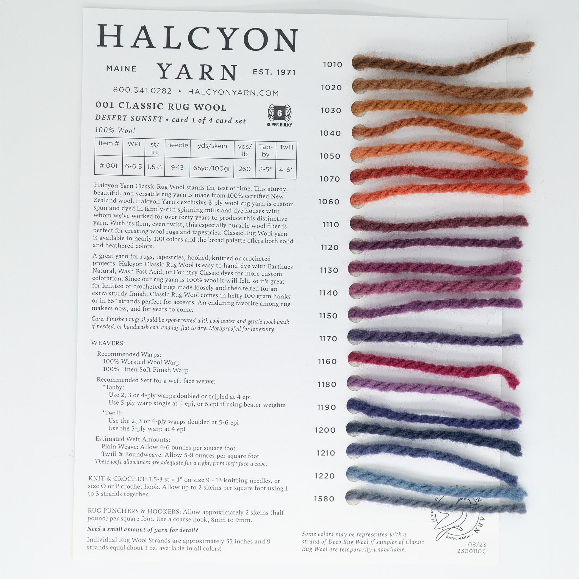 The image showcases a "Halcyon Yarn" Classic Rug Wool Sample Card featuring 14 vibrant wool samples with item numbers 1010 to 1180, ranging from rich browns to deep blues and purples. Descriptive text and contact details enhance its utility for rug makers.