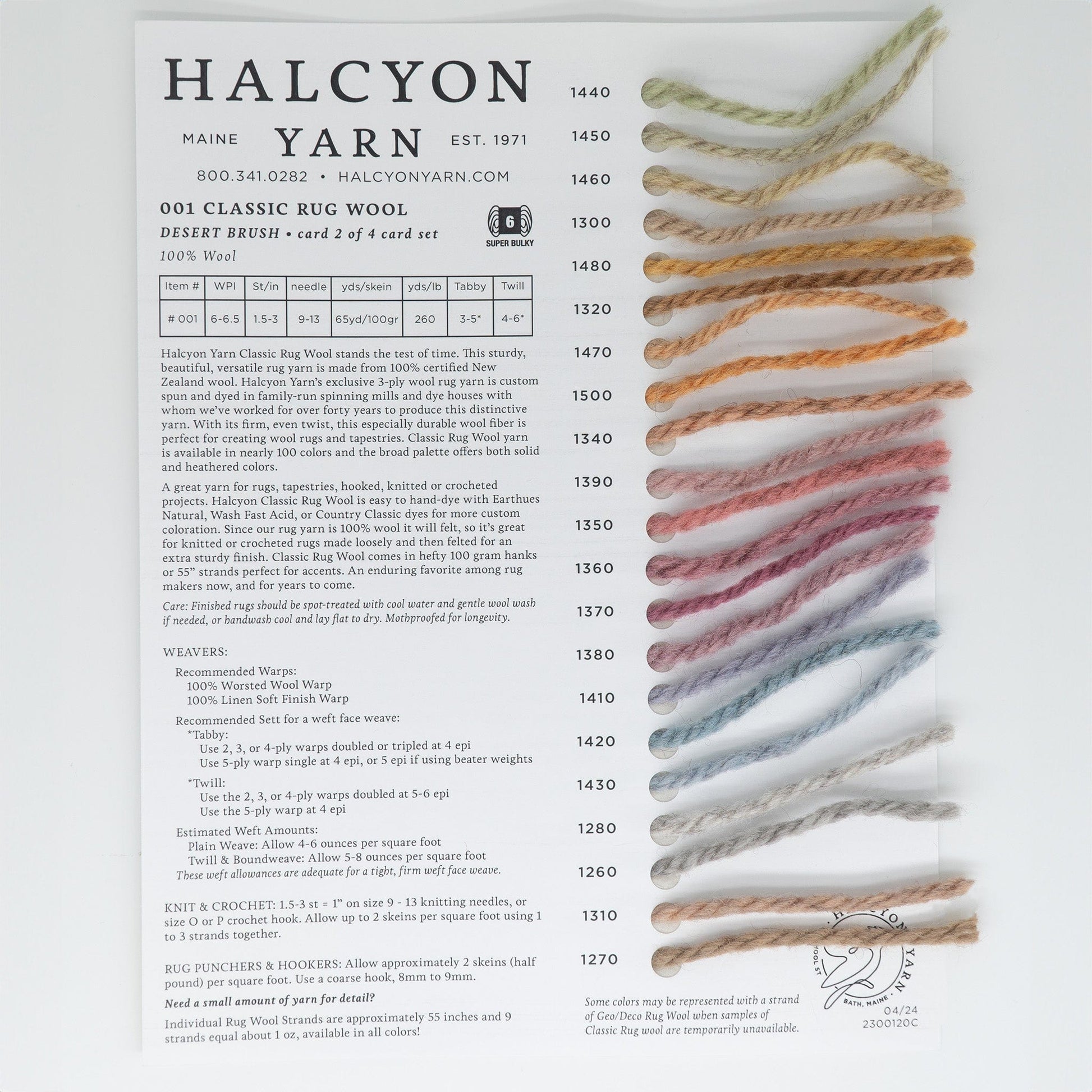 Halcyon Yarn's Classic Rug Wool Sample Cards feature a charming palette with wool samples in various shades neatly attached to a white card beside descriptive text and codes, catering perfectly to rug makers' needs.