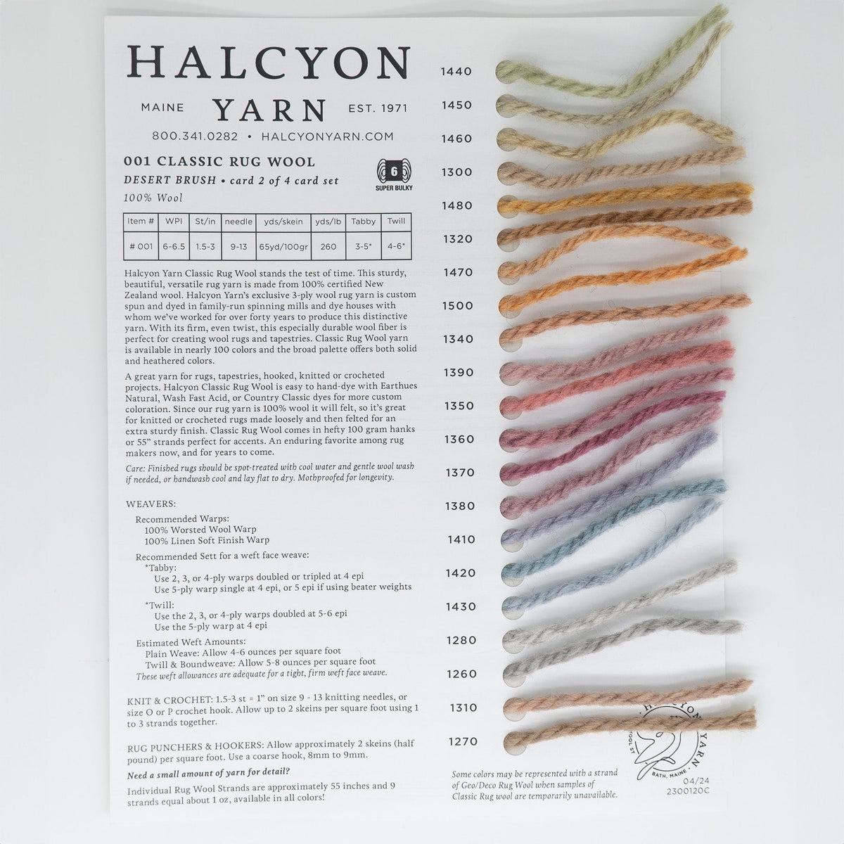 Halcyon Yarn's Classic Rug Wool Sample Cards feature a charming palette with wool samples in various shades neatly attached to a white card beside descriptive text and codes, catering perfectly to rug makers' needs.