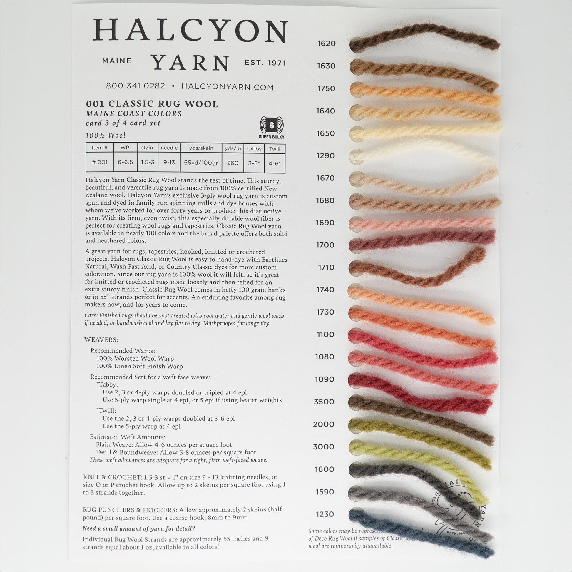 The Halcyon Yarn Classic Rug Wool Sample Card is ideal for rug makers, featuring rich colors and yarn samples with names and codes ranging from 1620 to 1730, along with weaving yardages, gauge, needle sizes, and contact info.