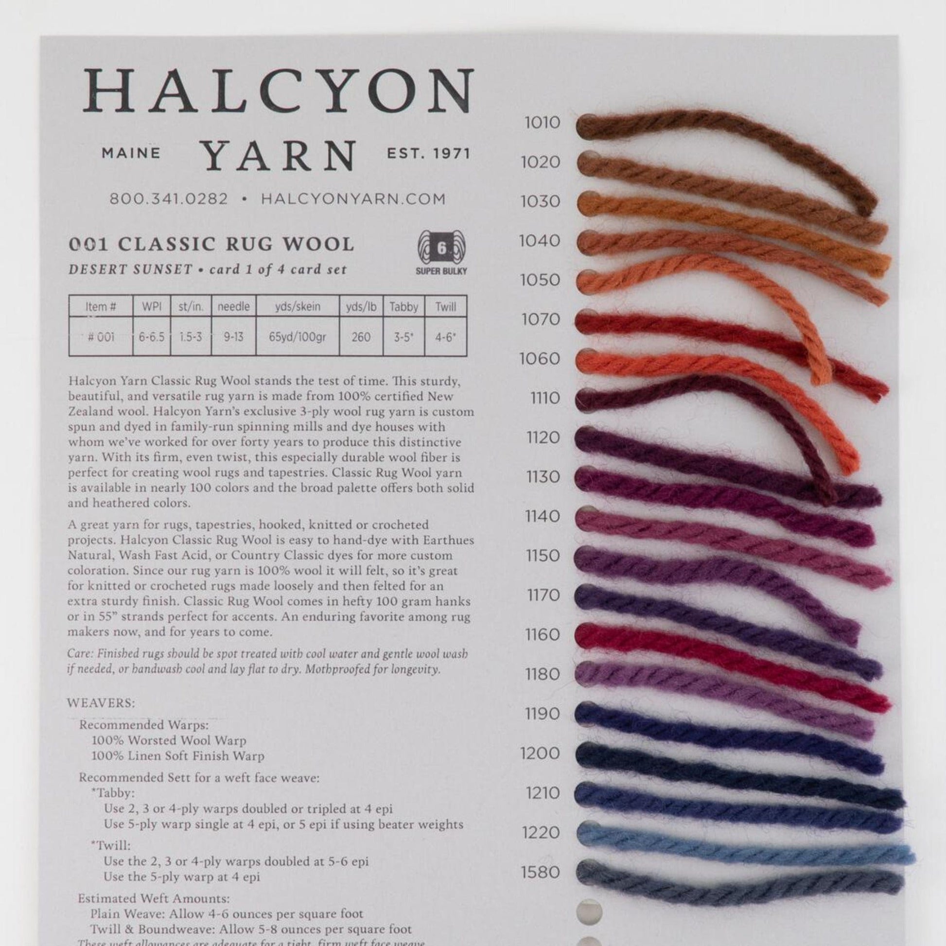 Image of Halcyon Yarn's Classic Rug Wool Sample Cards displaying a vibrant palette with twelve wool yarn samples from brown to purple, accompanied by text detailing the product, recommended warp measurements, and rug makers' tips for using this versatile wool in their creations.
