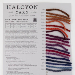 Image of Halcyon Yarn's Classic Rug Wool Sample Cards displaying a vibrant palette with twelve wool yarn samples from brown to purple, accompanied by text detailing the product, recommended warp measurements, and rug makers' tips for using this versatile wool in their creations.