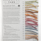 A Halcyon Yarn "Classic Rug Wool Sample Card" displays a vibrant spectrum, including beige, pink, orange, green, and blue. Each color is color-coded with detailed wool characteristics for versatile rug making.