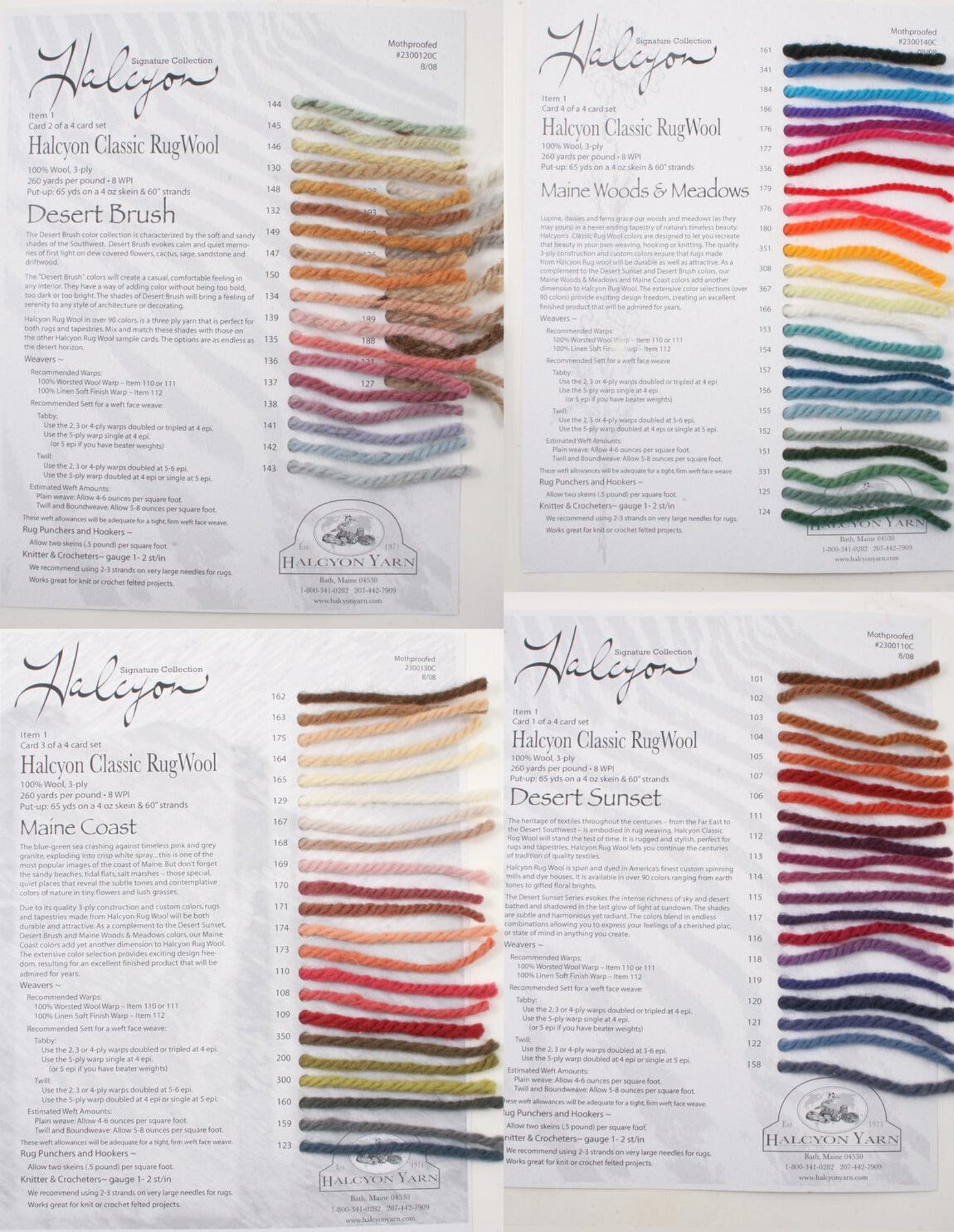 Collage of four Halcyon Yarn Classic Rug Wool Sample Cards, ideal for rug makers, displaying labeled yarn samples. The charts are titled "Desert Brush," "Maine Coast," "Maine Woods & Meadows," and "Desert Sunset," each featuring diverse color palettes with their names.