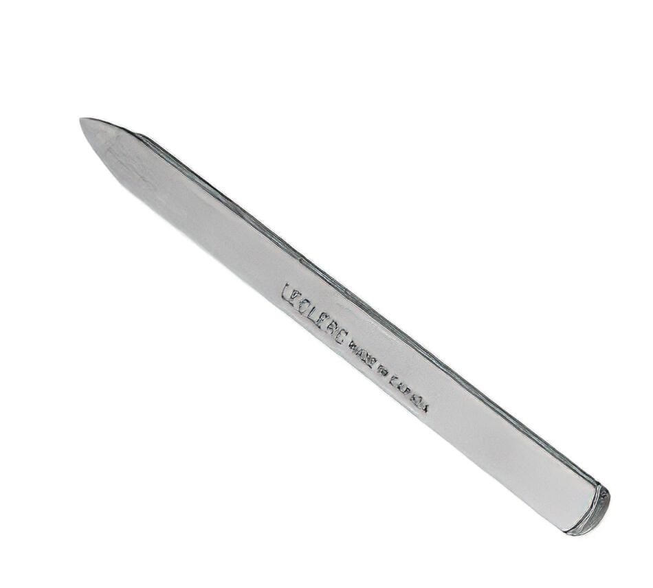 A Leclerc Looms 10" Pick-up Stick, slim and pointed like a collar stay, features embossed "UPLERAO MADE IN U.S.A." text on silver metal and is shown on a white background.