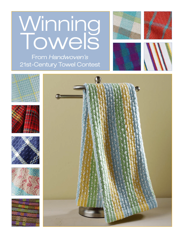 A pastel striped towel hangs on a metal stand, with smaller images of colorful handwoven towels. Text: “Winning Towels from Handwoven's 21st-Century Towel Contest (eBook Printed Version) by Long Thread Media.”.