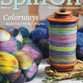 Spin Off Spring 2025 by Long Thread Media features colorful wool roving and spun yarn on the cover, with headlines on gradient striping, colorways, tannin dyes, marls, black sheep wool, and gradient spinning techniques.
