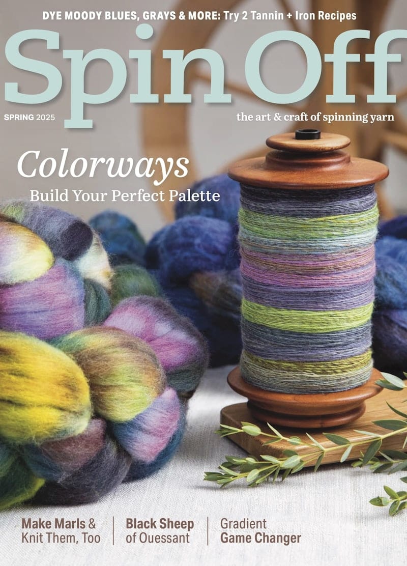 Spin Off Spring 2025 by Long Thread Media features colorful wool roving and spun yarn on the cover, with headlines on gradient striping, colorways, tannin dyes, marls, black sheep wool, and gradient spinning techniques.