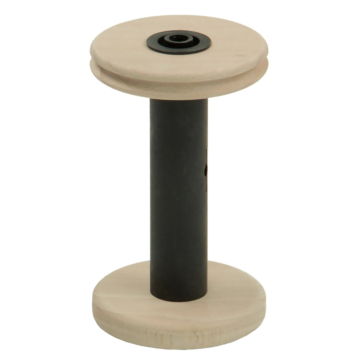The Louët Standard Bobbin by Louet Inc. features a minimalist design with a cylindrical black center and round light wood bases, ideal for holding spools of wire or thread.