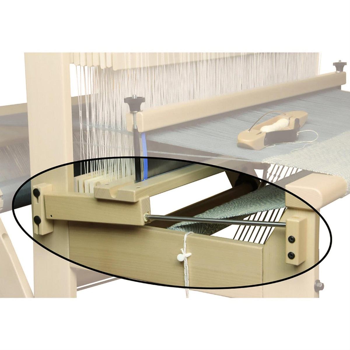 The Louët Sliding Beater for David Looms, by Louet Inc., is showcased in a close-up image with beige threads and shuttle on the loom. The loom's structure is partially outlined in black to emphasize its innovative sliding beater system.