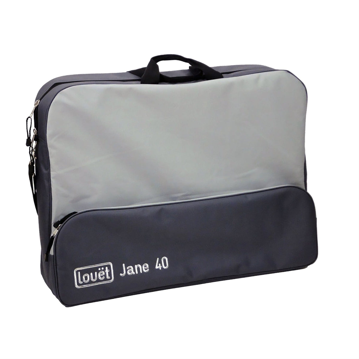 The Louët Jane Zippered Carrying Bag for 40 cm Loom showcases a black and gray design with a handle, zipper, external pocket, and ample storage. "Louet Inc." and "Jane 40" are printed on the front bottom. Perfect for organizing your loom essentials.