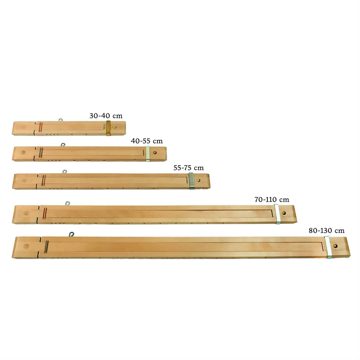 Five Louët Fine Tooth Wood Temples from Louet Inc. are displayed, each marked with size ranges: 30-40 cm, 40-55 cm, 55-75 cm, 70-110 cm, and 80-130 cm.