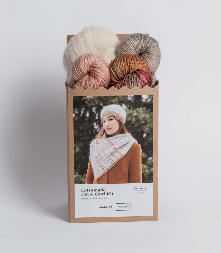 Malabrigo Yarn Knitting Kits Entramado Hat & Cowl Knitting Kit, Malabrigo + Blue Sky Fibers