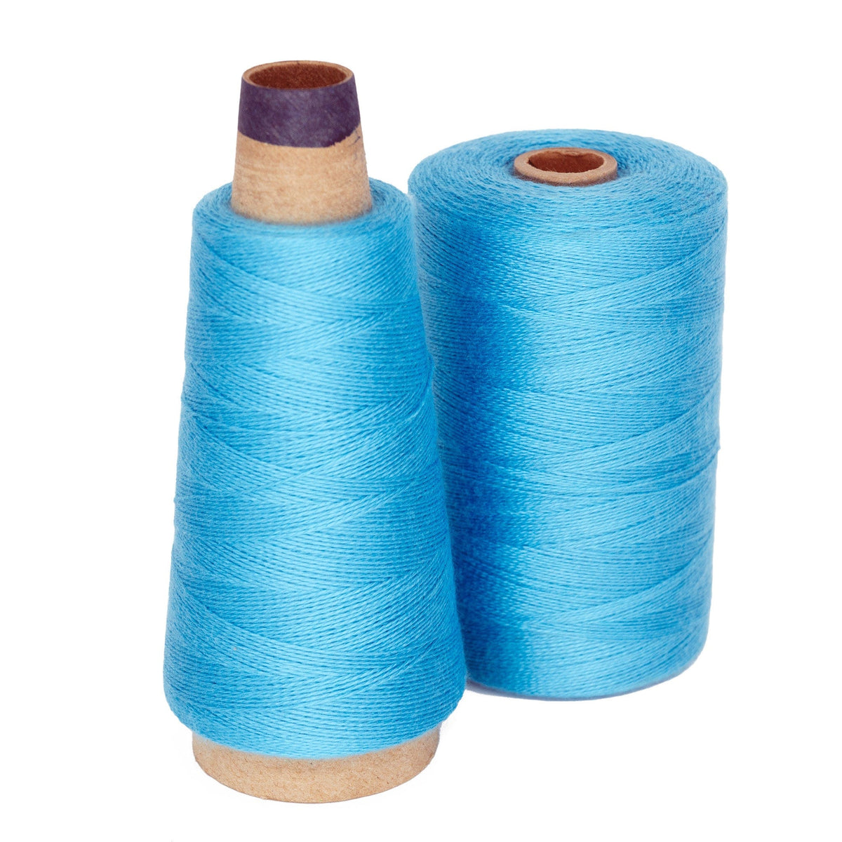 Two Maurice Brassard 8/2 Tencel Yarn mini-cones, bright blue—one cone-shaped, one cylindrical—stand upright on a white background. Perfect for your next weaving project.