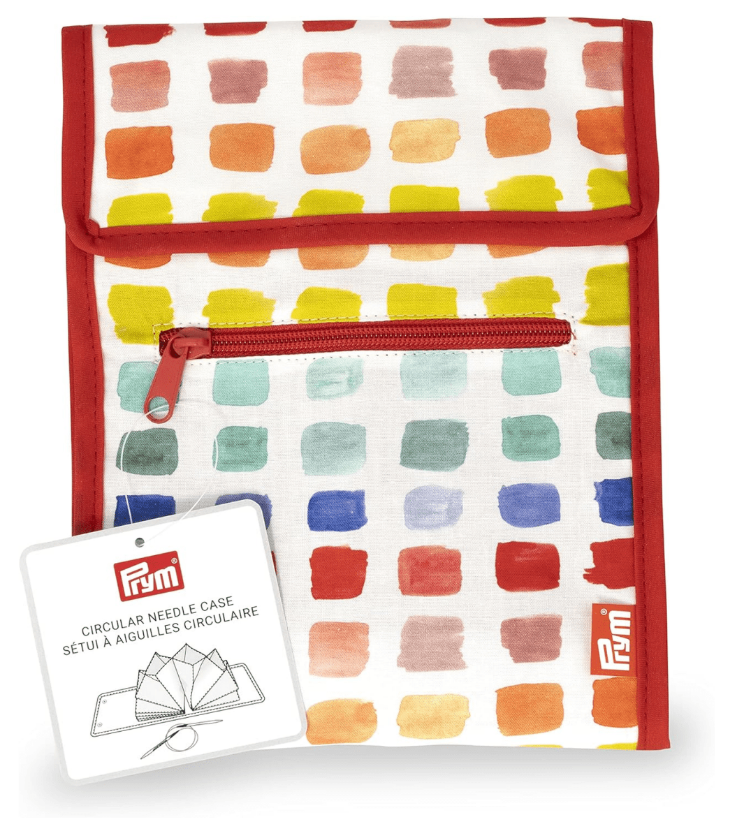 A colorful circular knitting needle case by Bryson Distributing, Inc., featuring a red zipper and trim with a grid of watercolor squares. The folding case is shown closed and labeled "Circular Knitting Needle Case.